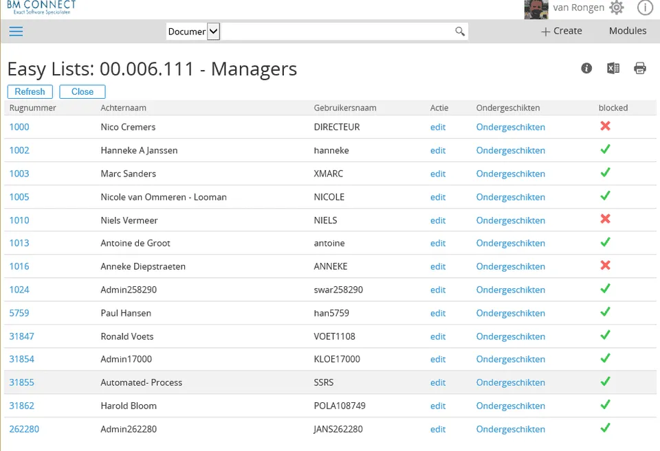 Resultaat van een Easy List-query in Exact Synergy